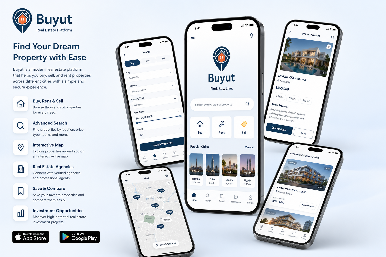 Buyut real estate mobile marketplace screens