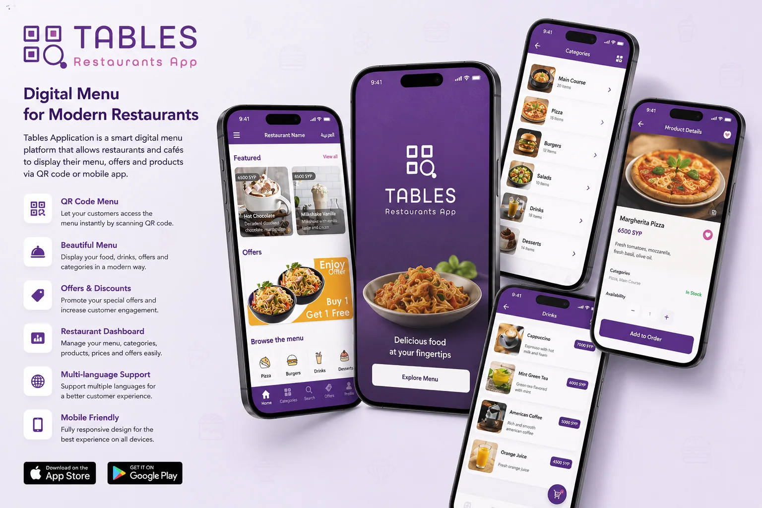 Tables restaurant digital menu mobile application